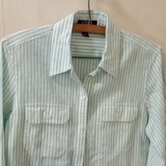 Chaps Sz M green white striped Linen Cotton Blend Blouse button up - Picture 4 of 4